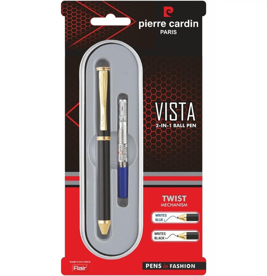 Pierre Cardin Vista 2-in-1 Twist Mechanism Ball Pen | Luxurious Metal Body Design with Golden Trims | Ideal for Festive & Corporate Gifting | Blue & Black Ink