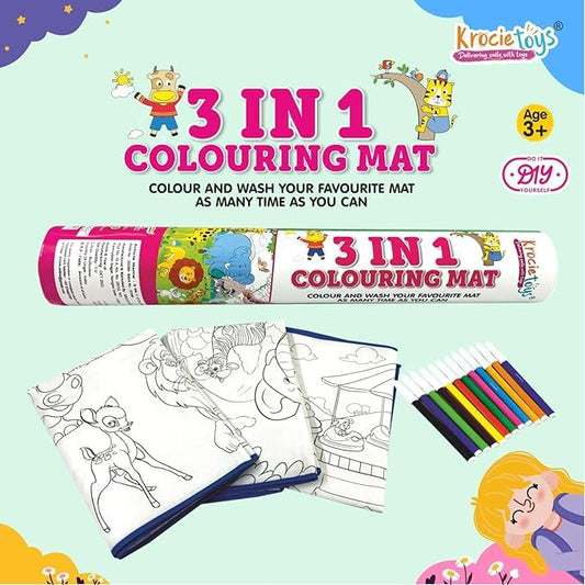 3in1 Colouring MAT for Kids Reusable and Washable 3 Jumbo Size Big MATS (40 * 28inches) and 12 Sketch Pen for Colouring,Learning and Educational Doodle Mat for 3+ Age for Kids