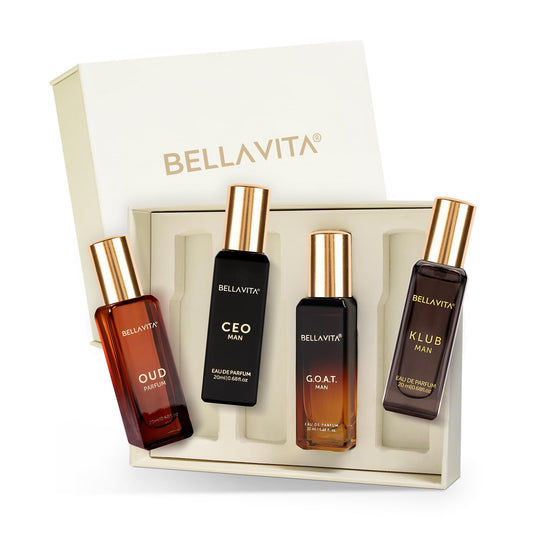 Bella Vita Luxury Man | Long Lasting Eau de Parfum Gift Set 4 x 20 ml Perfume for Men | with KLUB, OUD, CEO, G.O.A.T | Woody, Citrusy Premium Fragrance Scent