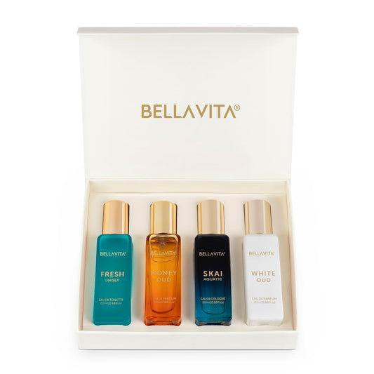 Bella Vita Luxury Unisex | Long Lasting Eau De Parfum Gift Set 4 x 20ml Perfume for Men and Women | with SKAI, FRESH, WHITEOUD, HONEY OUD | Premium...