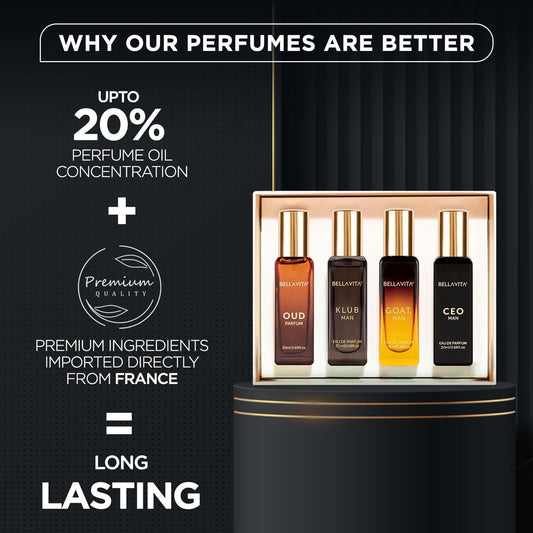 Bella Vita Luxury Man | Long Lasting Eau de Parfum Gift Set 4 x 20 ml Perfume for Men | with KLUB, OUD, CEO, G.O.A.T | Woody, Citrusy Premium Fragrance Scent