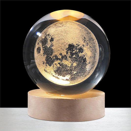 3D Galaxy Crystal Ball Night Light | Dimmable Engraved LED Glass Ball Table Lamp with USB and Wooden Base for Home Decor, Office, Birthday Gift & Kids Bedroom (Moon)