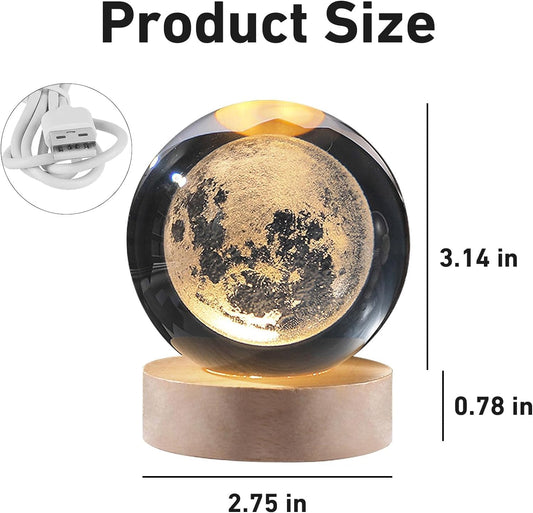 3D Galaxy Crystal Ball Night Light | Dimmable Engraved LED Glass Ball Table Lamp with USB and Wooden Base for Home Decor, Office, Birthday Gift & Kids Bedroom (Moon)