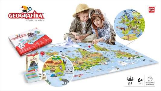 UnikPlay Geografika Map Game with Illustrated Map & 40 Game Cards – Learning with Fun for Kids Aged 6+ | Educational Geography Board Game for Children – Learn Fun Facts (World)