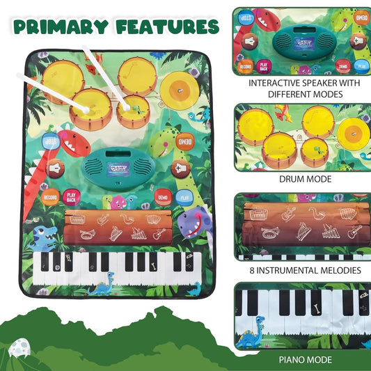 2-in-1 Musical Mat for Kids | Dino Version | Piano Keyboard with Drum Set Play Mat | Foldable Touch Sensitive AUX Support Waterproof Playmat with Non-Toxic Material | Gift for Kids Age 3+