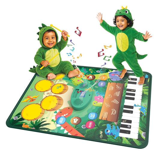 2-in-1 Musical Mat for Kids | Dino Version | Piano Keyboard with Drum Set Play Mat | Foldable Touch Sensitive AUX Support Waterproof Playmat with Non-Toxic Material | Gift for Kids Age 3+