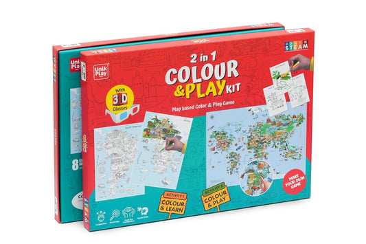 Unikplay 2 in 1 Colour & Play Kit | World Map Game | Educational and Fun Coloring Game | Geography based Colouring Kit | General Knowledge Game | Family Time Activity | Learning Gifts for Kids Ages 6+