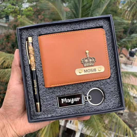 Customised leather original Wallet Pen Keychain Gifting Hamper Set for Men with Name (Brown), Personalized Purse Combo, Unique Stylish Gift