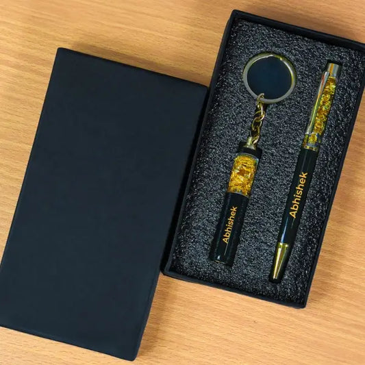 Personalized Metallic Gold flake Pen with Key chain Name Print Gift Set for Unisex