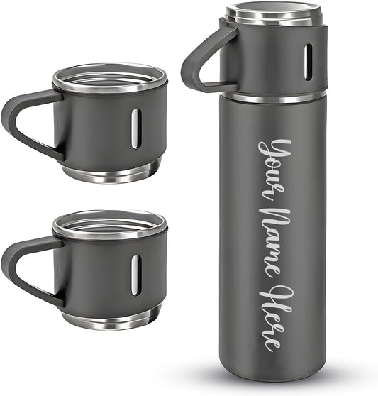 Personalised Stainless Steel Water Bottle Vacuum Flask Set with 3 Cups 500ml - Personalised Perfect Gifting for Gifts |