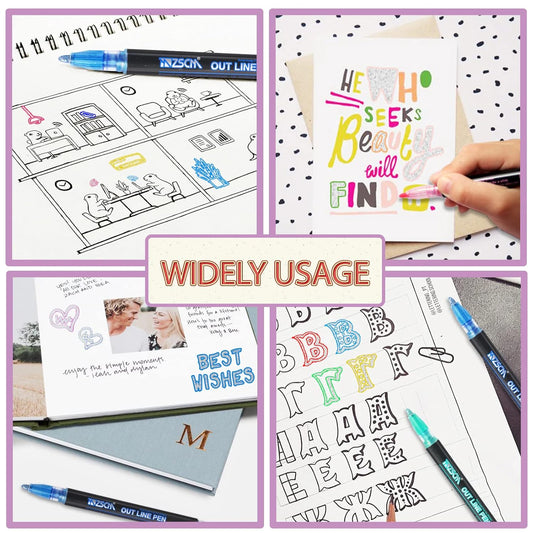 Double Line Outline Pen, Self-Outline Metallic Markers, 12 Colors Bullet Journal Pens & Glitter Pens for Card Making, Scrapbooking, Drawing, DIY Art Crafts, Kids,